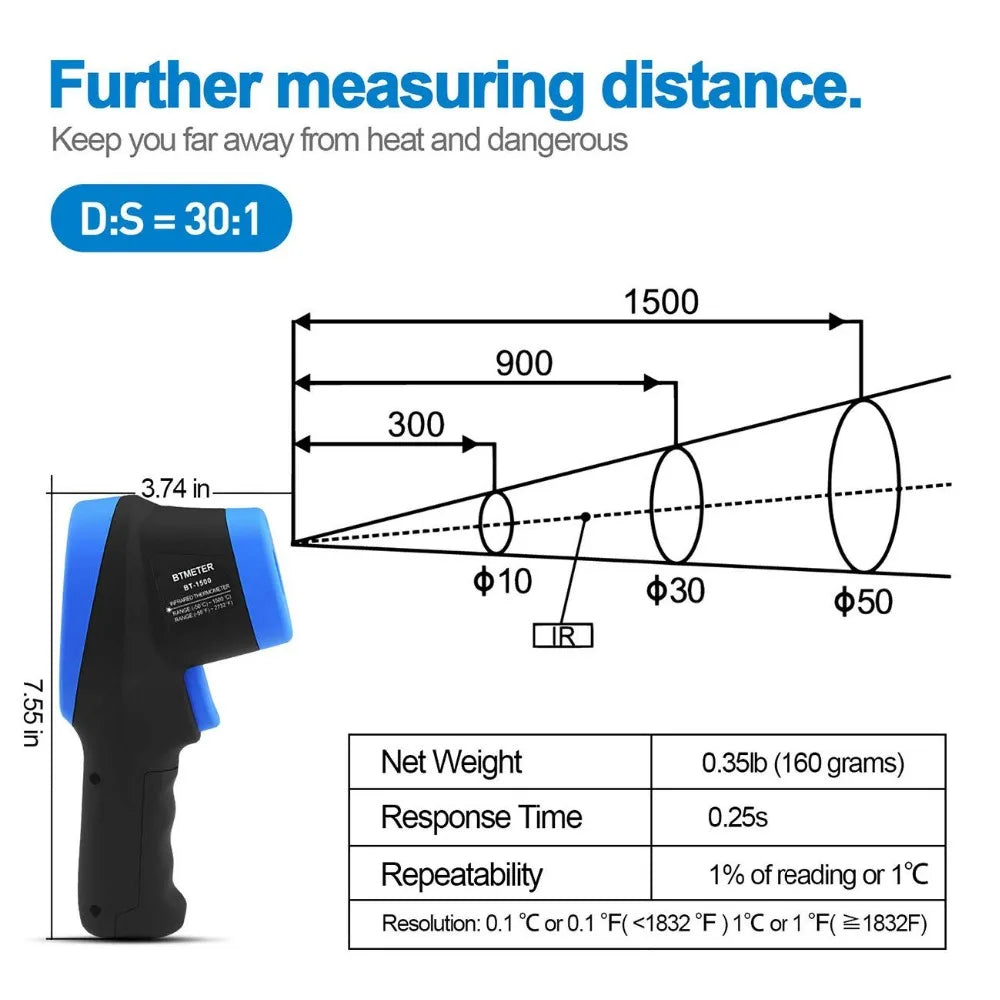 -50℃ to 1500℃ Laser Thermometer Gun Pyrometer 30:1High Temp Infrared Thermometer Digital IR Temperature,BT-1500