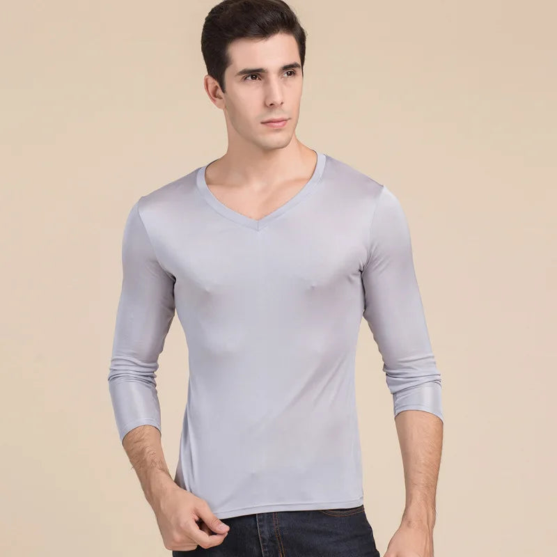 Men basic T shirt 100%Natural Silk V neck Solid shirt long Sleeve top Mens silk top White Black Grey 2022 New Spring Summer