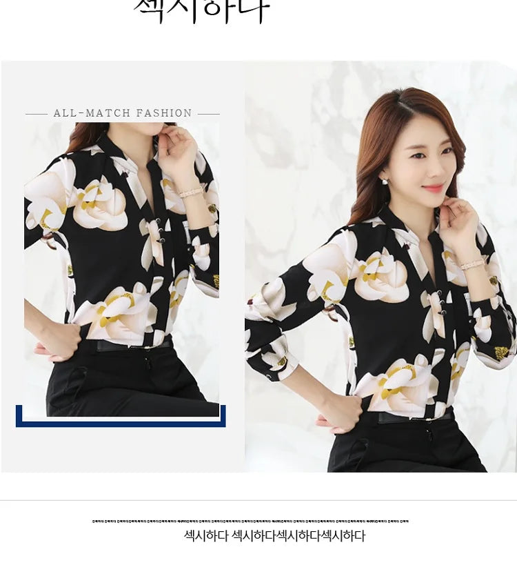 Women's Long Sleeve Chiffon Blouse, V-Neck Tops, Slim Fit Shirt, Office Lady Fashion Print Clothing, Spring, 2024 New, 882G