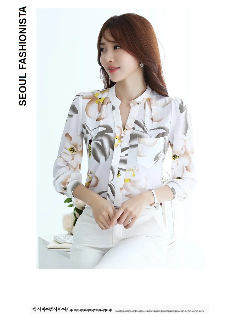 Women's Long Sleeve Chiffon Blouse, V-Neck Tops, Slim Fit Shirt, Office Lady Fashion Print Clothing, Spring, 2024 New, 882G