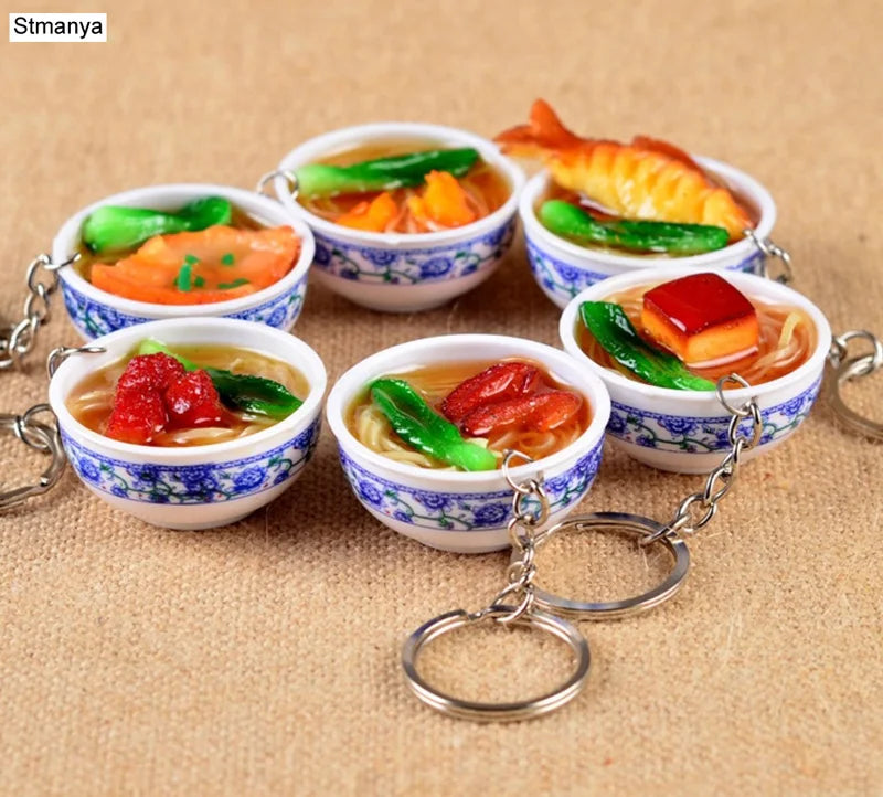 New Simulation Food Key Chains noodle New Keychain Chinese Blue and white porcelain Food Bowl Mini bag pendant  #17169
