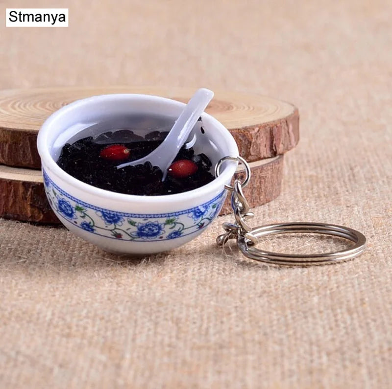 New Simulation Food Key Chains noodle New Keychain Chinese Blue and white porcelain Food Bowl Mini bag pendant  #17169