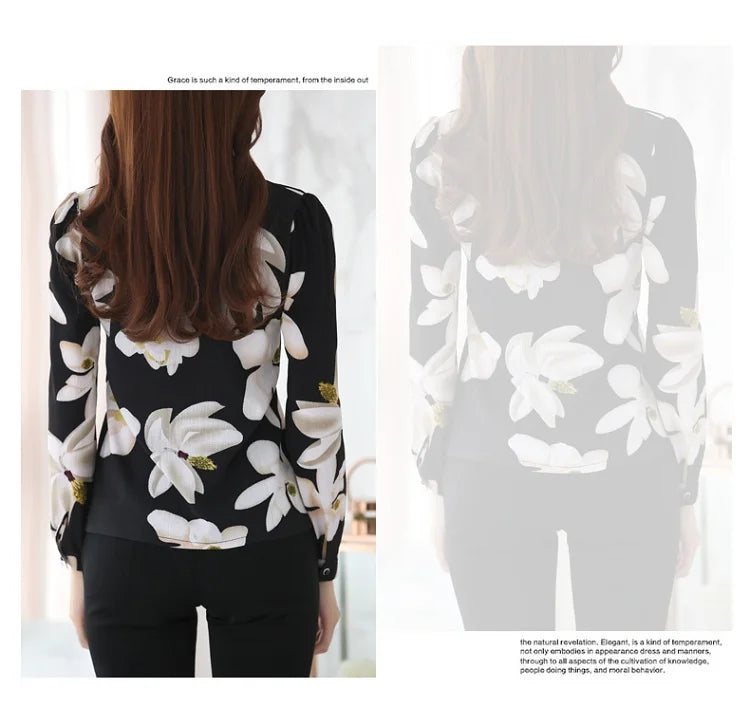 Women's Long Sleeve Chiffon Blouse, V-Neck Tops, Slim Fit Shirt, Office Lady Fashion Print Clothing, Spring, 2024 New, 882G