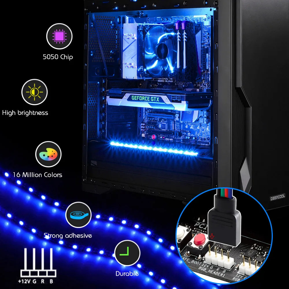 Led Strip Light For 12V 4PIN RGB Header (+12V,G,R,B) Led Strip 5050 On For PC Computer Case Decor , RGB Header Motherboard Strip