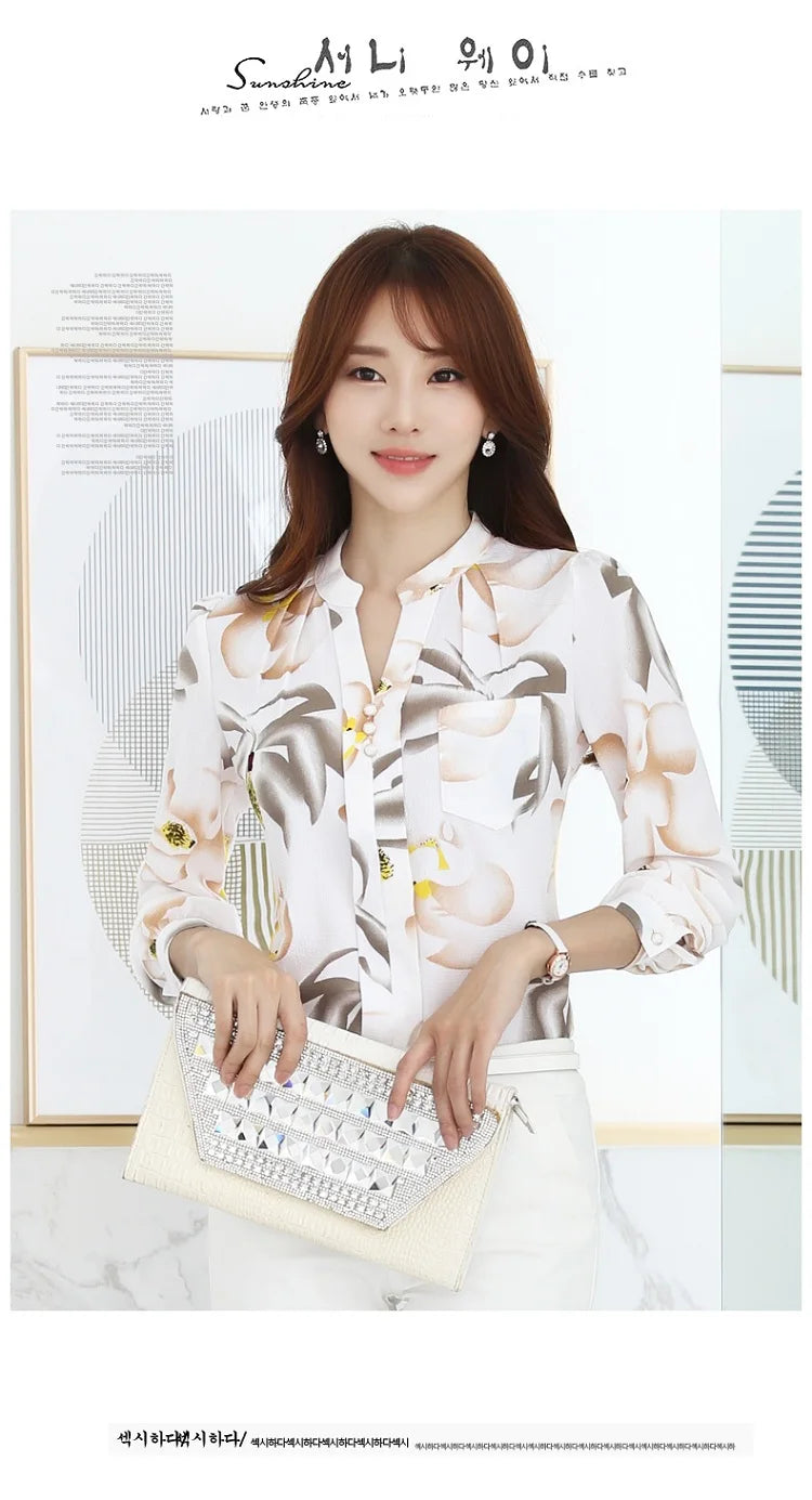 Women's Long Sleeve Chiffon Blouse, V-Neck Tops, Slim Fit Shirt, Office Lady Fashion Print Clothing, Spring, 2024 New, 882G