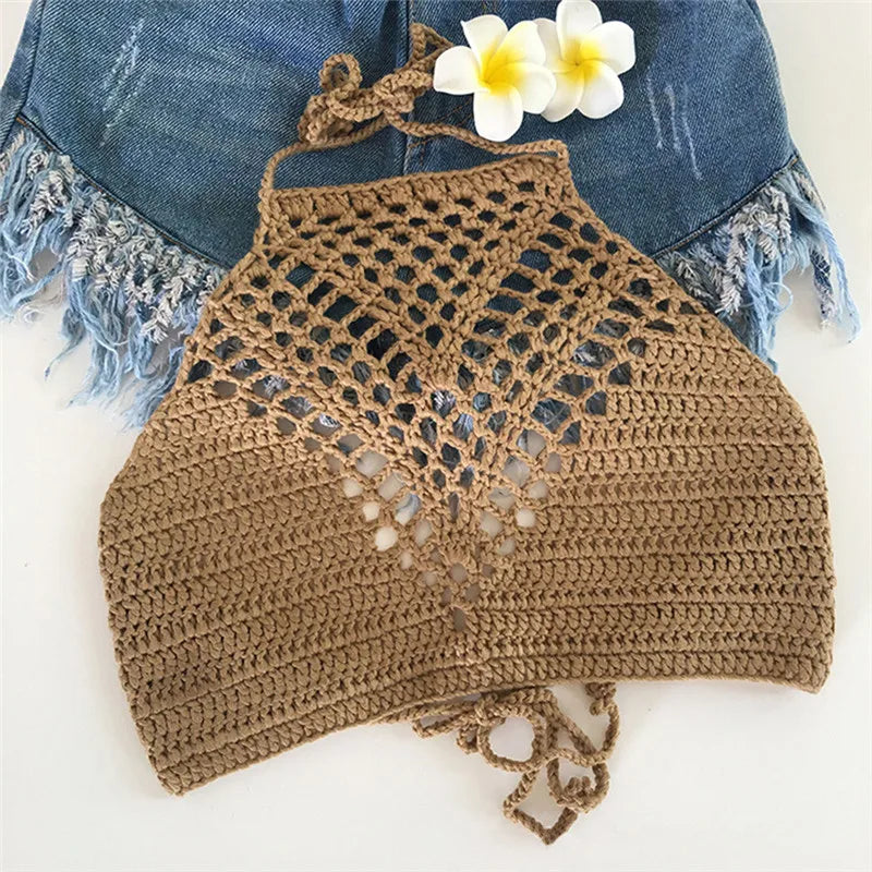Women Summer Short Vest Sexy Hollow Out Plain White Halter Vest Strap Crop Tops Crochet Bikini Tank Tops Shirt HotSale Crop Top
