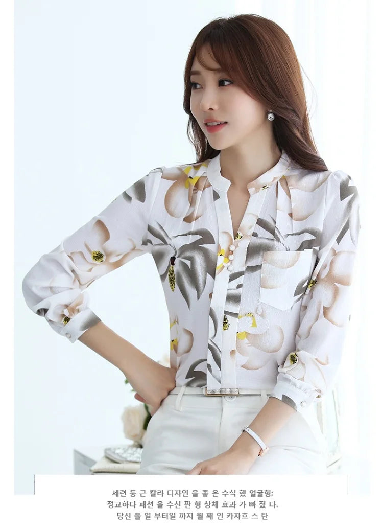 Women's Long Sleeve Chiffon Blouse, V-Neck Tops, Slim Fit Shirt, Office Lady Fashion Print Clothing, Spring, 2024 New, 882G