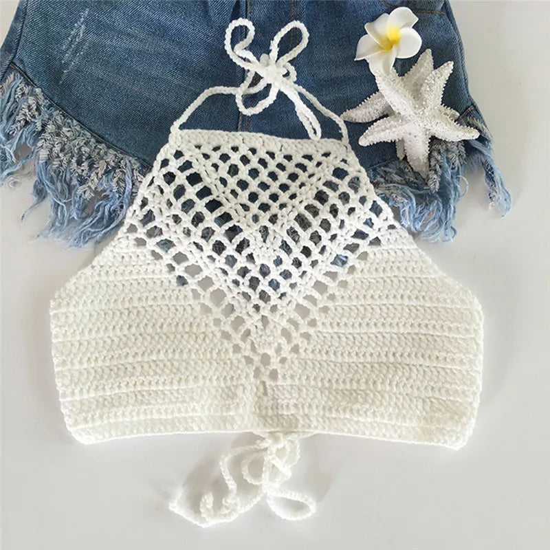 Women Summer Short Vest Sexy Hollow Out Plain White Halter Vest Strap Crop Tops Crochet Bikini Tank Tops Shirt HotSale Crop Top