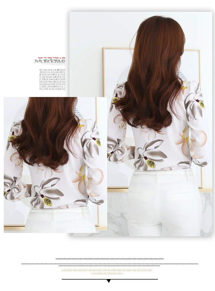 Women's Long Sleeve Chiffon Blouse, V-Neck Tops, Slim Fit Shirt, Office Lady Fashion Print Clothing, Spring, 2024 New, 882G