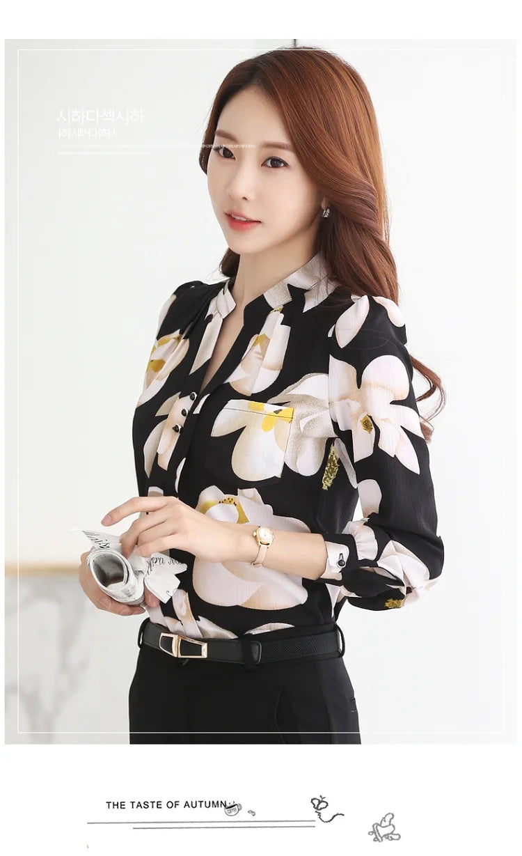Women's Long Sleeve Chiffon Blouse, V-Neck Tops, Slim Fit Shirt, Office Lady Fashion Print Clothing, Spring, 2024 New, 882G