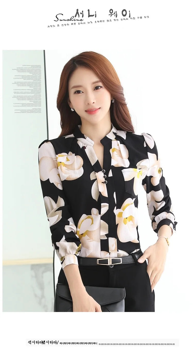 Women's Long Sleeve Chiffon Blouse, V-Neck Tops, Slim Fit Shirt, Office Lady Fashion Print Clothing, Spring, 2024 New, 882G