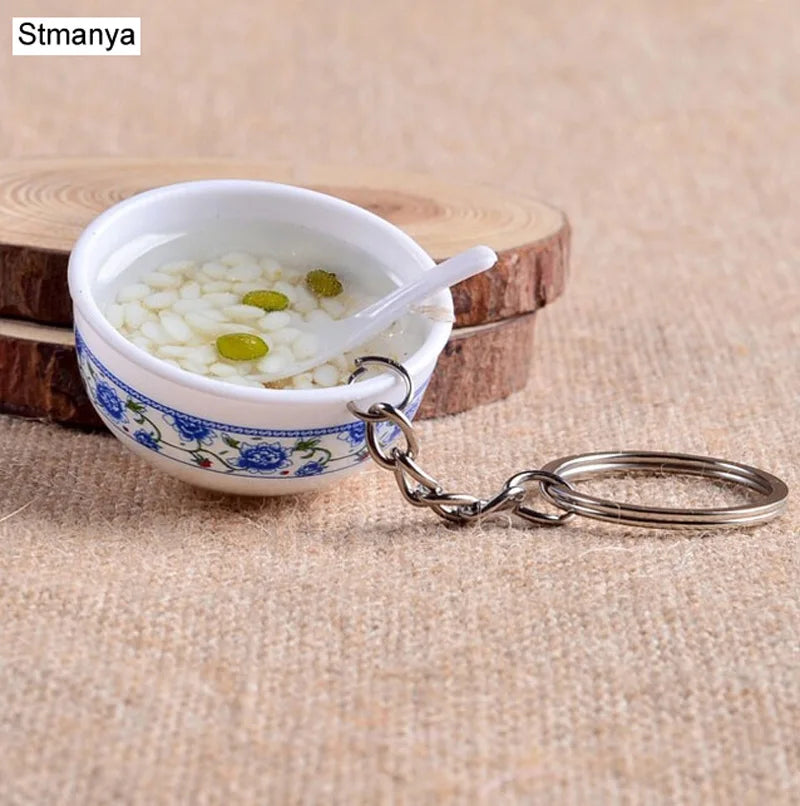 New Simulation Food Key Chains noodle New Keychain Chinese Blue and white porcelain Food Bowl Mini bag pendant  #17169