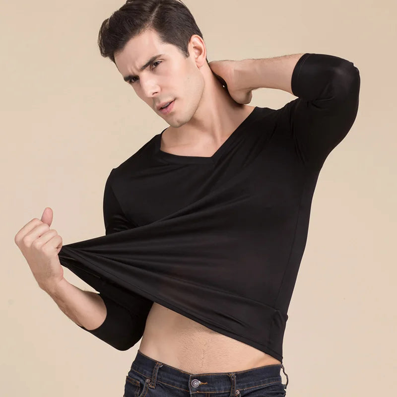 Men basic T shirt 100%Natural Silk V neck Solid shirt long Sleeve top Mens silk top White Black Grey 2022 New Spring Summer