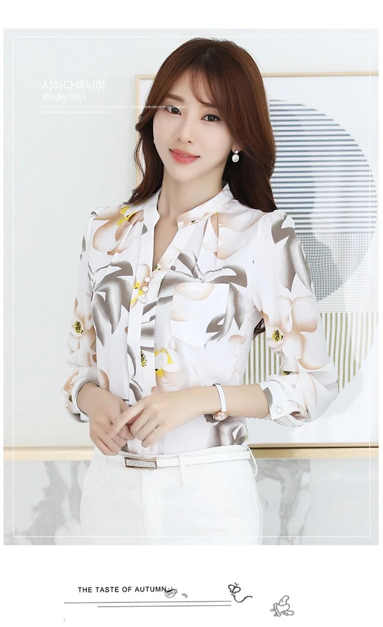 Women's Long Sleeve Chiffon Blouse, V-Neck Tops, Slim Fit Shirt, Office Lady Fashion Print Clothing, Spring, 2024 New, 882G