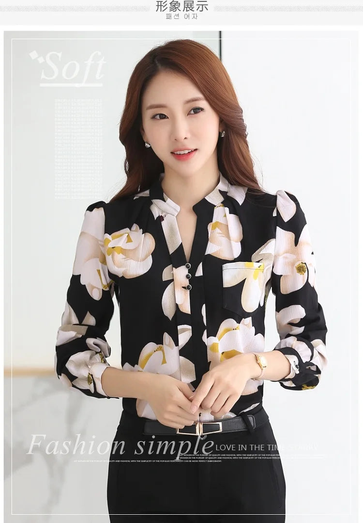 Women's Long Sleeve Chiffon Blouse, V-Neck Tops, Slim Fit Shirt, Office Lady Fashion Print Clothing, Spring, 2024 New, 882G