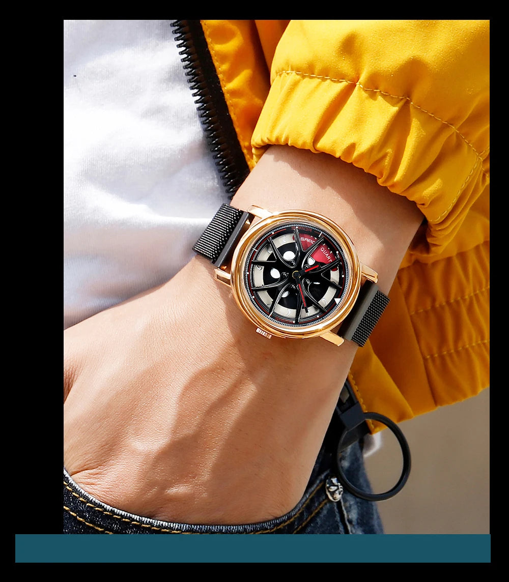 Men Watch Car Wheel Rim Hub Dial Male Wristwatch Skeleton Man Black Waterproof Watches Stainless Steel Quartz Relogio Masculino