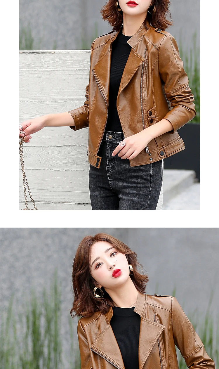 M-5XL New Women Leather Jacket Spring 2025 Fashion Solid Color Slim Short Sheepskin Coat Moto&Biker Style Tops Outerwear Female