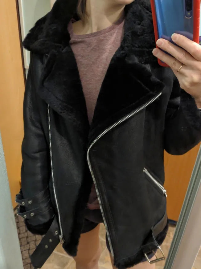 CC SHop Best.Guarantee Genuine leather jacket with fur.Winter warm women 100% shearling coat.Street sheepskin with wool jackets