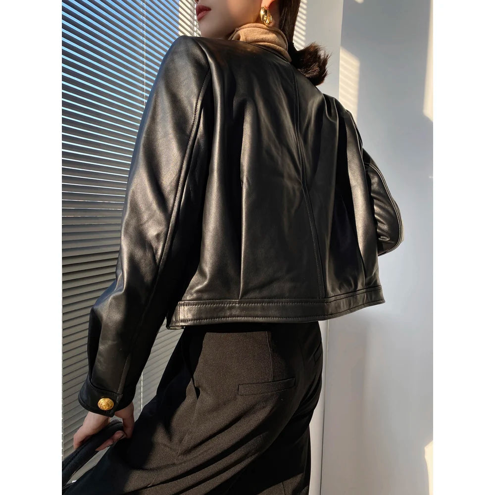 Mujer Roupas Autumn/Winter Female Genuine Leather V-Neck Big Gold Buckle Casual Pocket Short Coat Camel/Black Chic Jacket Women