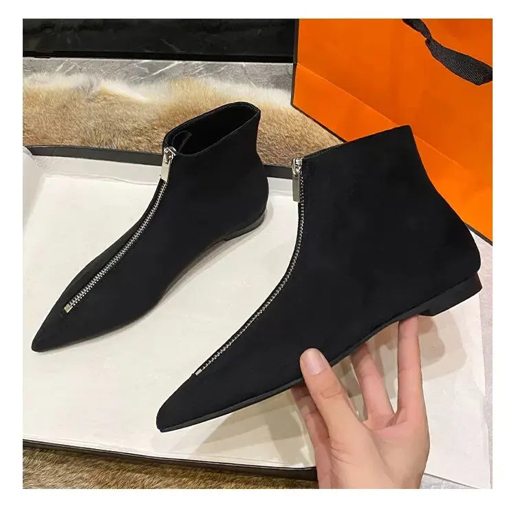 2026 New Flats Sexy  Women Pointed Toe Ankle Boots British Woman Footwear Female Shoes Wedge Boots New Zipper Design Short Boots
