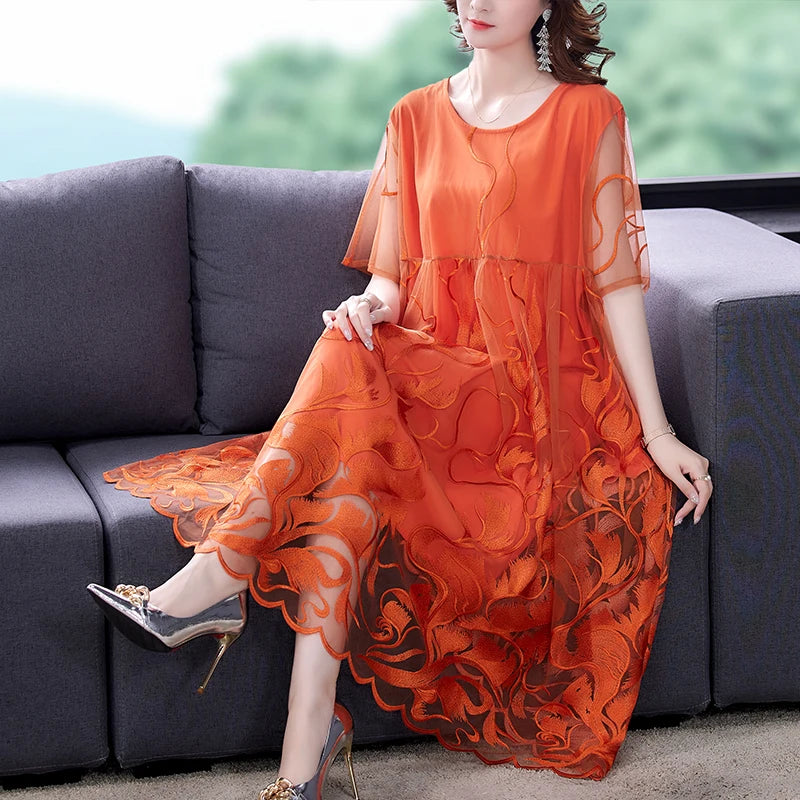High Street Natural Silk Floral Embroidery Midi Dress Summer Casual Vintage Loose Beach Dress 2024 Women Elegant Party Vestidos