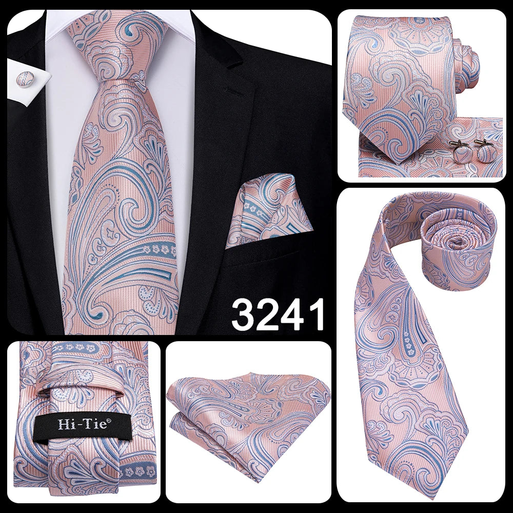 Hi-Tie Silk Men Tie Peach Pink Floral Wedding Necktie for Men Luxury Necktie Handkerchief Cufflink Fashion Design Business