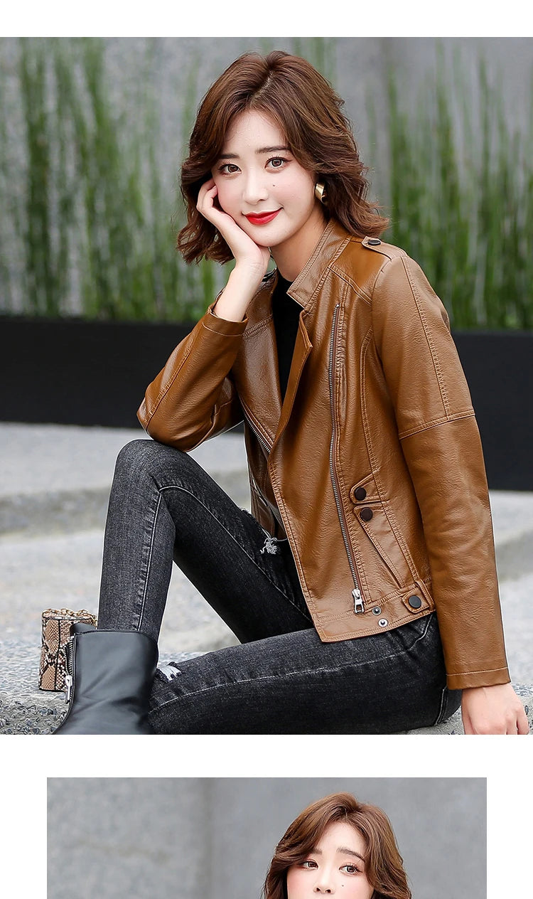 M-5XL New Women Leather Jacket Spring 2025 Fashion Solid Color Slim Short Sheepskin Coat Moto&Biker Style Tops Outerwear Female