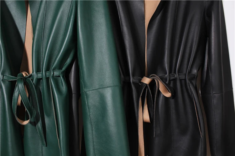 European Fashion Women Clothing Female Real Leather Jacket Mujer Draw Back Round Neck Pleated Belt Caramel Coat Veste Femme