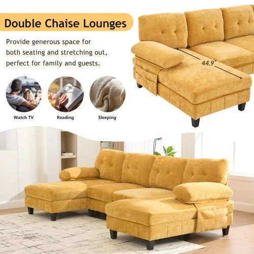 Square Convertible Sectional Sofa Set 103.5" Chenille Fabric with Dual Chaise Lounges Storage Pockets for Living Room