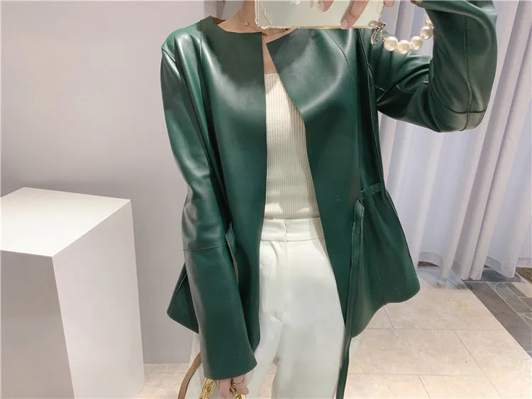 European Fashion Women Clothing Female Real Leather Jacket Mujer Draw Back Round Neck Pleated Belt Caramel Coat Veste Femme