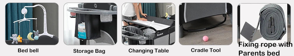 PANGDUBE 4-in-1 Baby Crib Multifunctional Convertible Bed with Rocker & Baby Playpen Newborn Changing Table Foldable Travel Cot