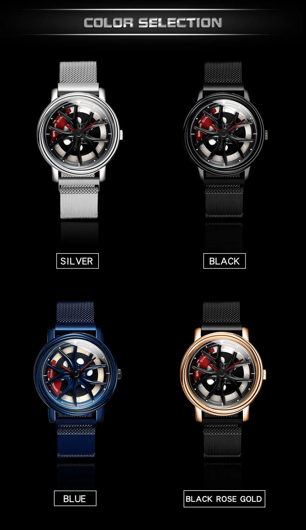 Men Watch Car Wheel Rim Hub Dial Male Wristwatch Skeleton Man Black Waterproof Watches Stainless Steel Quartz Relogio Masculino