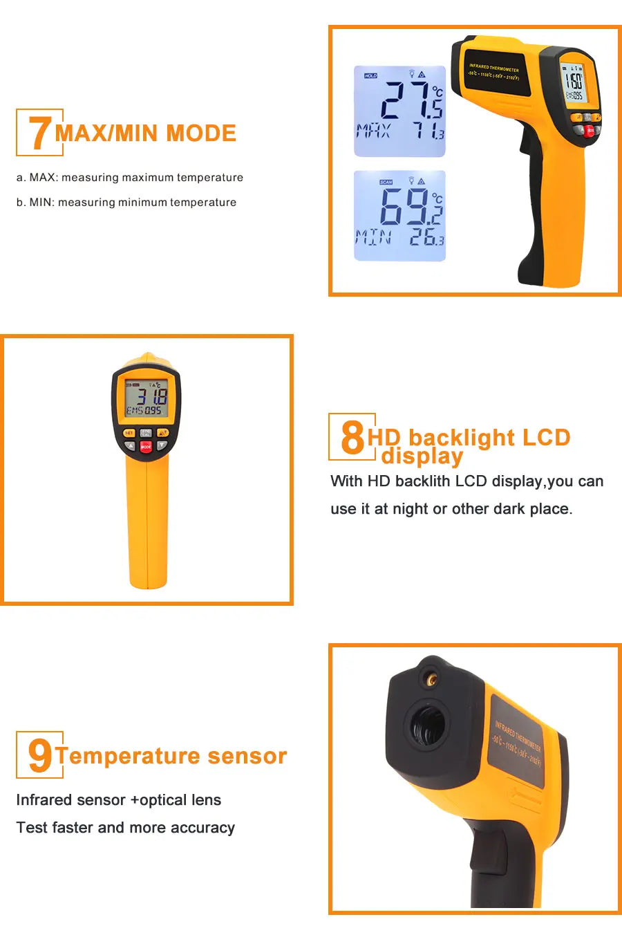 RZ Infrared Thermometer Non-Contact Temperature Meter Gun Handheld Digital LCD Industrial Outdoor Laser Pyrometer IR Thermometer