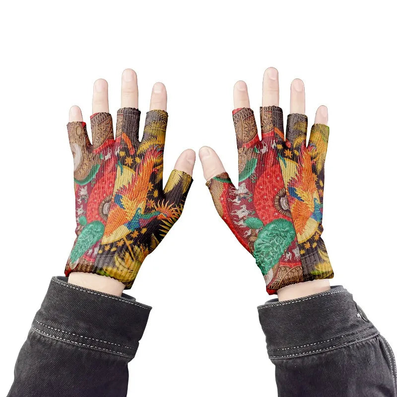 Cartoon Mashup Colorful Pattern Mittens Wrist Spring Summer Fingerless Working Gloves Soft Women Knitted Gloves Open Fingered