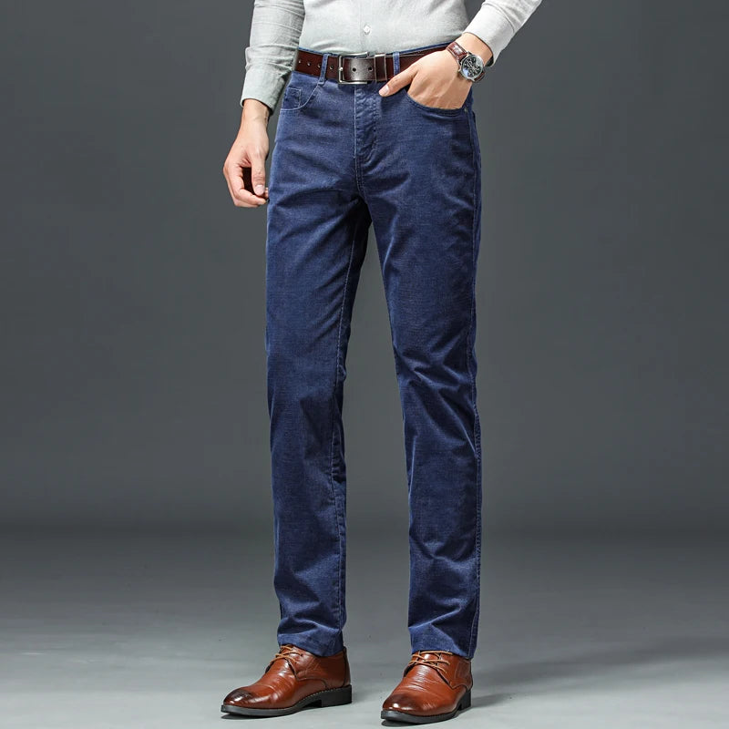 Spring Autumn New Men Pants Corduroy Fabric Comfortable Soft Casual Business Office Male Trousers Khaki Apricot Black Blue