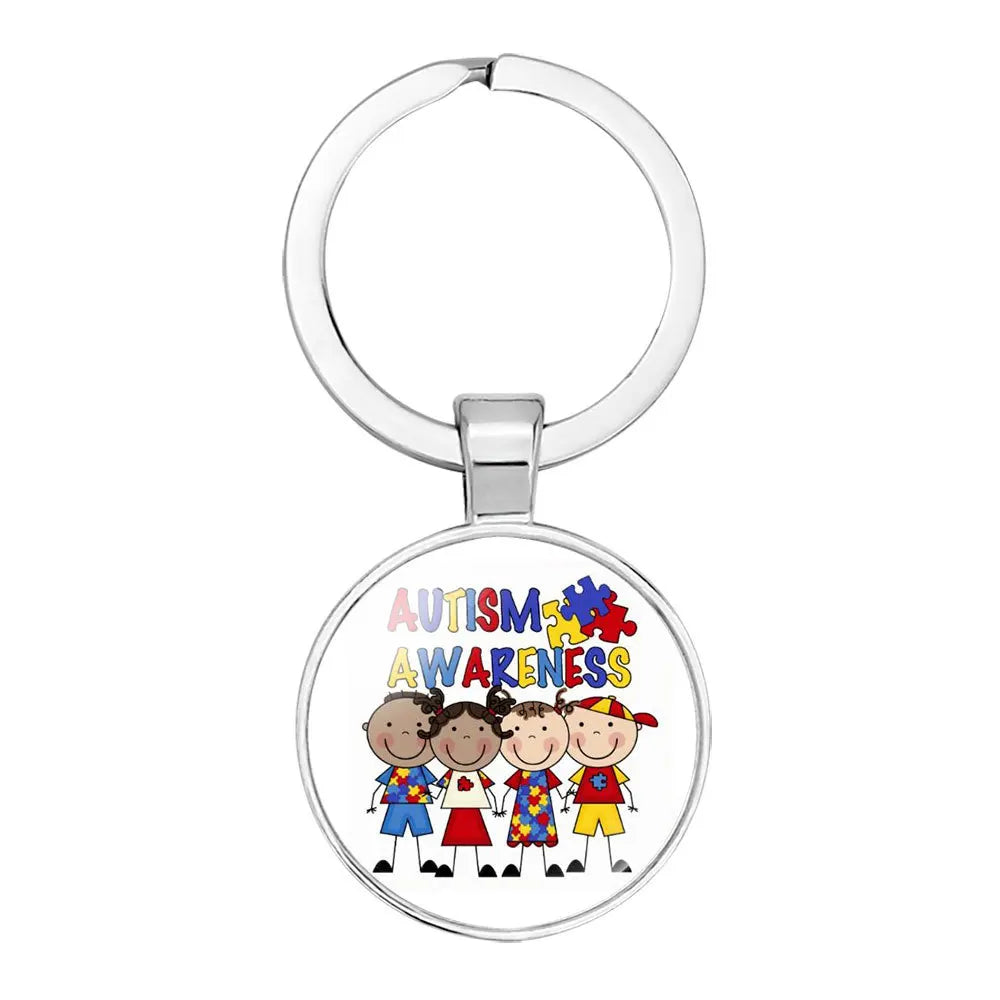 AUTISM Awareness Children Keychain For Boy Girls Glass Pendant Keyring Mom Key chain Accessories Gift