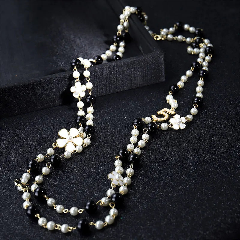 long pendants layered Camellia pearl necklace collares de moda flower party jewelry