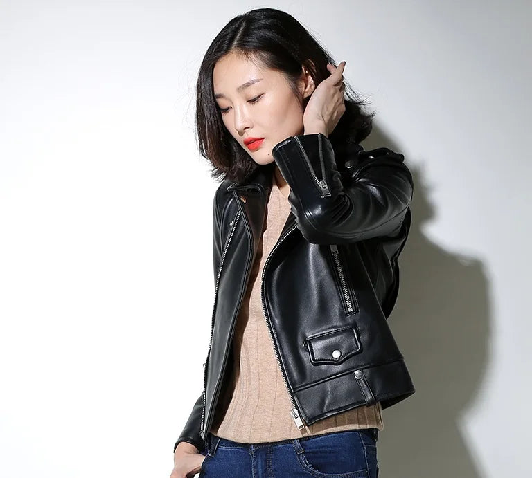CC Shop Best,Sales.Popular woman slim fit genuine leather jacket.fashion motor rider sheepskin coat.soft leather cloth.패션