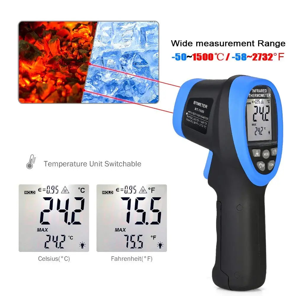 -50℃ to 1500℃ Laser Thermometer Gun Pyrometer 30:1High Temp Infrared Thermometer Digital IR Temperature,BT-1500