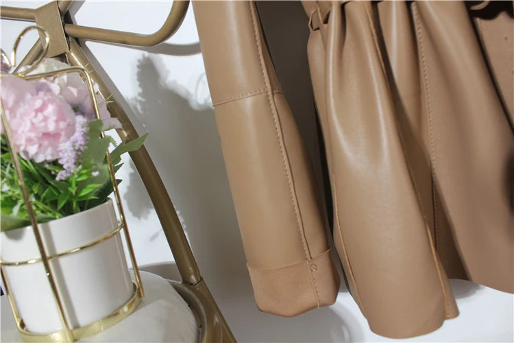 European Fashion Women Clothing Female Real Leather Jacket Mujer Draw Back Round Neck Pleated Belt Caramel Coat Veste Femme