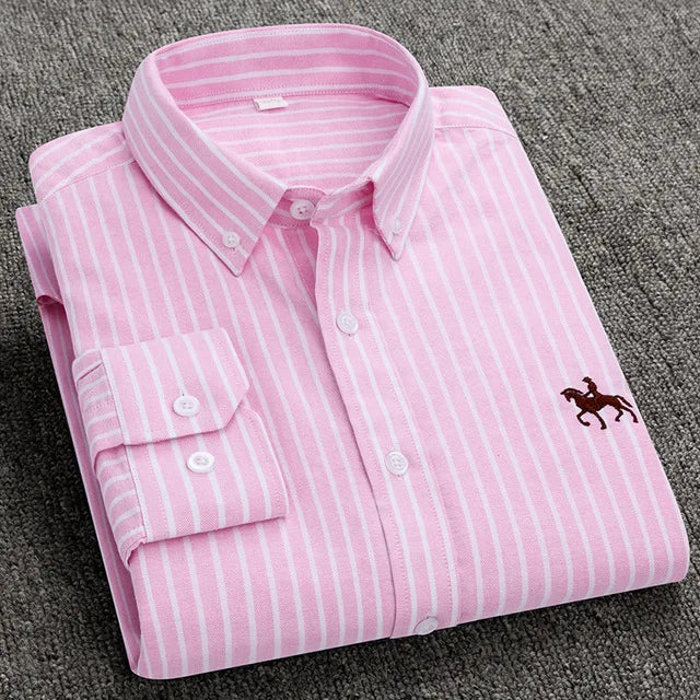 S-6XL Casual Pure Cotton Oxford Mens Shirts Long Sleeve Embroidery Horse Design Regular Fit Fashion Button Man White Dress Shirt