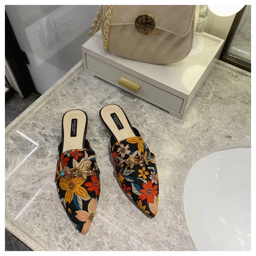 New Women Slippers Pointed Toe Rubber Metal Chains Flat Slide Footwear Fashion Casual Mule Shoes Big Size 41 42 Zapatos De Mujer