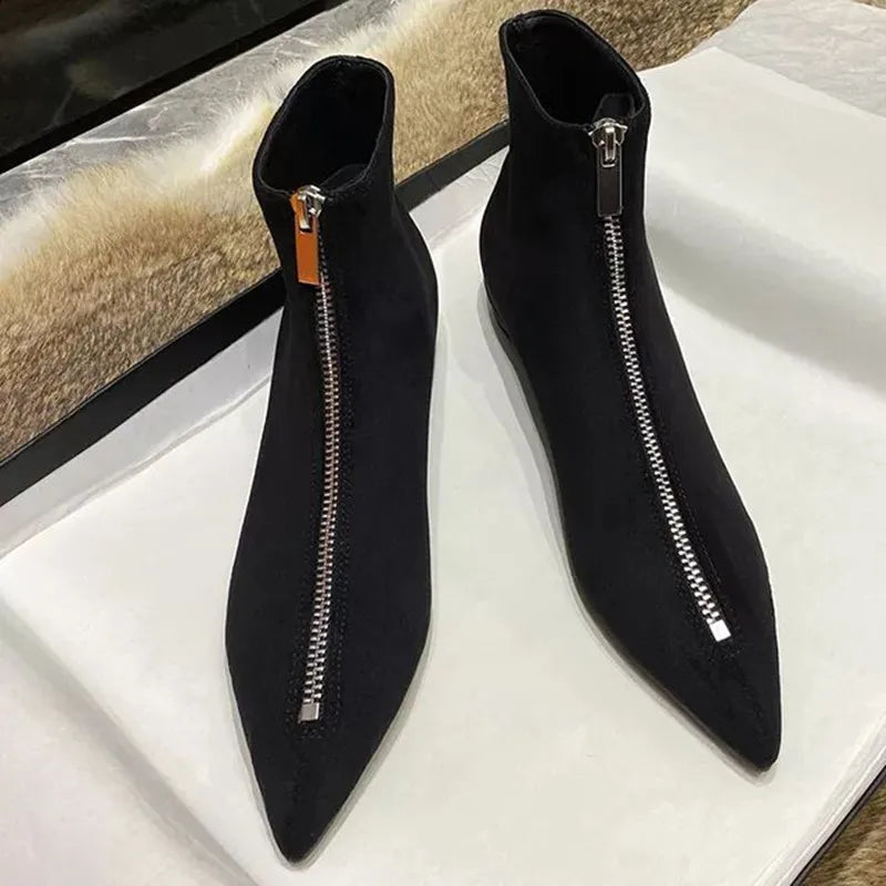 2026 New Flats Sexy  Women Pointed Toe Ankle Boots British Woman Footwear Female Shoes Wedge Boots New Zipper Design Short Boots