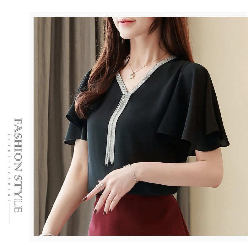 Blusas Blouses Femme Summer Tops Women Blouse Women Blusas Mujer De Moda 2024 Verano Tassel V-Neck Chiffon Blouse Shirt E767