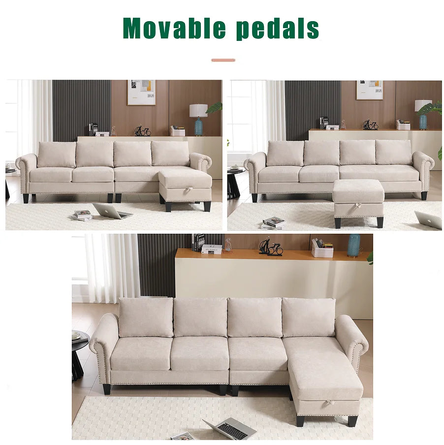 Convertible U-Shape Sectional Sofa Set with Storage Four-seater Modern Polyester Fabric for Hotel & Villa Living Rooms