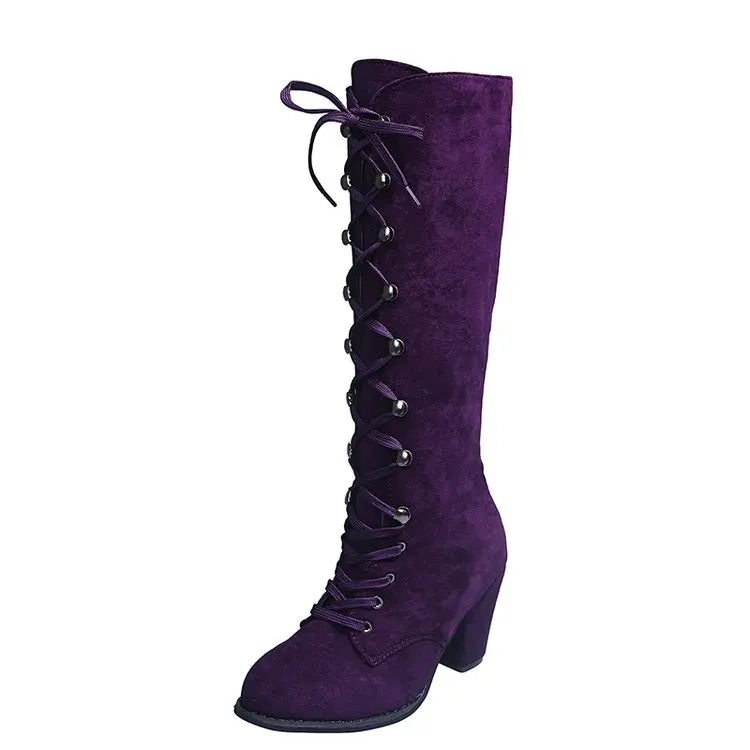 Winter Autumn Woman Knee High Boots Woman Long Boots Lace Up Fashion Woman Boots Footwear 35-43 Purple Square Heel Women Shoes