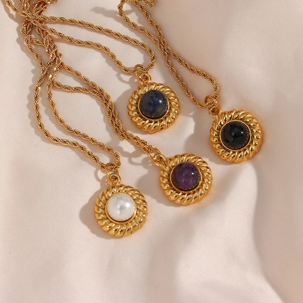E.B.belle   Elegant Natural Stone Black Carnelian Lapis Lazuli Amethyst Simulated Pearl Pendant Necklace Rope Chian Necklace