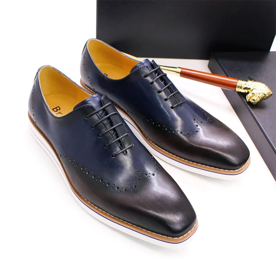 Genuine Leather Men's Casual Shoes Comfortable Lace-Up Brogue Handmade Flat Shoes Office Party Dating Formal Dress Men's Shoes