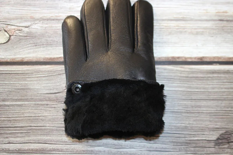 Winter Thick Sheepskin Fur Lining Warm Goatskin Gloves Men's Deerskin Pattern Leather Sheep Shearing Cold-Proof Finger Gloves