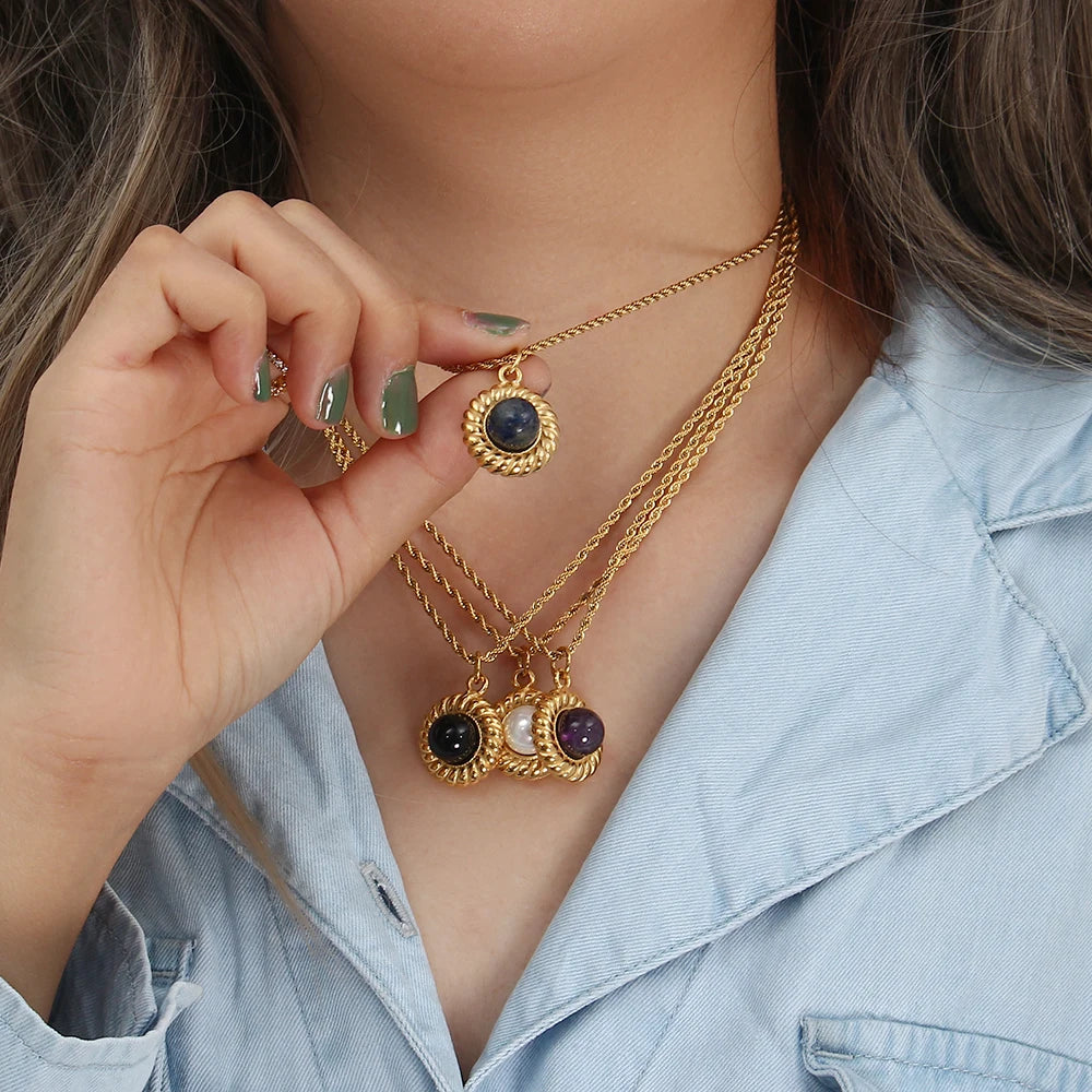 E.B.belle   Elegant Natural Stone Black Carnelian Lapis Lazuli Amethyst Simulated Pearl Pendant Necklace Rope Chian Necklace